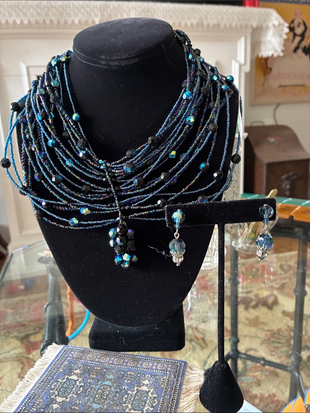 Multi-Strand Blue Iridescent Beaded Necklace with Matching Earrings